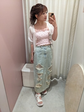 「one after another NICE CLAUP（ワンアフターアナザーナイスクラップ）のアイテム（デニムスカート）」を使った、kaoriさん（レディース・151cm）の夏コーディネート