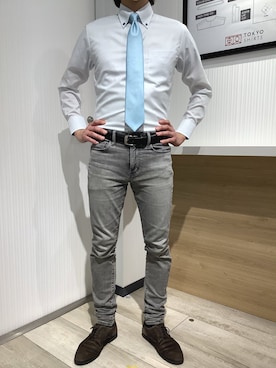 「アイテム（ビジネスシャツ）」を使った、TOKYO SHIRTS OUTLET 福岡マリノアシティ店さん（メンズ・172cm）の春コーディネート