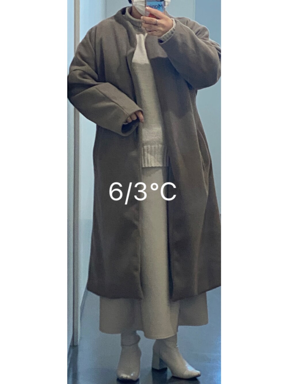 「しまむらのFWBツキノーカラーコート（ノーカラーコート、グレー系）」を使った、naomiさん（レディース・158cm）の冬コーディネートの1枚目の写真