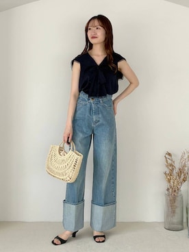 「mysty woman（ミスティウーマン）のターンアップデニムワイドパンツ　660072（デニムパンツ、ブルー系）」を使った、ひ　な　たさん（レディース・160cm）の春コーディネート