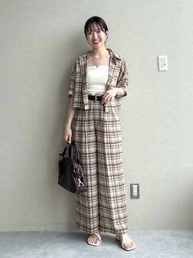 「mysty woman（ミスティウーマン）のシアーチェックシャツ半袖　1046953（シャツ/ブラウス、ベージュ系）」を使った、ひ　な　たさん（レディース・160cm）の夏コーディネート