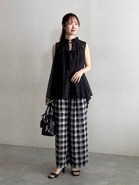 「mysty woman（ミスティウーマン）のシアーチェックパンツ　1046988（その他パンツ、ブラック系）」を使った、ひ　な　たさん（レディース・160cm）の夏コーディネート