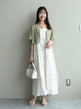 「mysty woman（ミスティウーマン）のラッセルレースアンサンブルSS　104216（Tシャツ/カットソー、グリーン系）」を使った、ひ　な　たさん（レディース・160cm）の夏コーディネート