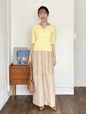 「mysty woman（ミスティウーマン）の［追加1］サマーツイードライクカーディガンSS　497233（カーディガン/ボレロ、イエロー系）」を使った、ひ　な　たさん（レディース・160cm）の春コーディネート