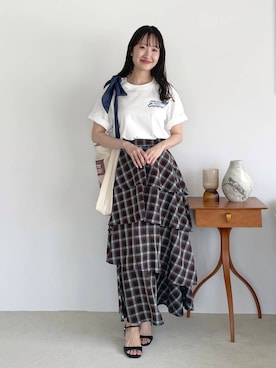 「mysty woman（ミスティウーマン）のチェックティアードスカート　1046993（スカート、ブルー系）」を使った、ひ　な　たさん（レディース・160cm）の夏コーディネート