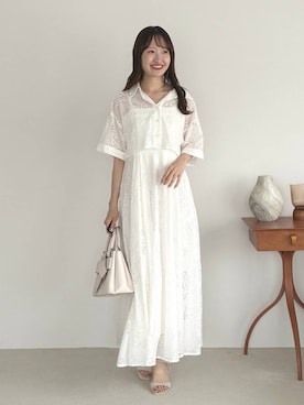 「mysty woman（ミスティウーマン）の【セットアイテム】レースキャミワンピ半袖シャツセット 1050297（ワンピース、ホワイト系）」を使った、ひ　な　たさん（レディース・160cm）の夏コーディネート