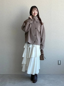 「mysty woman（ミスティウーマン）の【WEB限定】スタンドカラーショートコート2 1051648（トレンチコート、ブラウン系）」を使った、ひ　な　たさん（レディース・160cm）の秋コーディネート