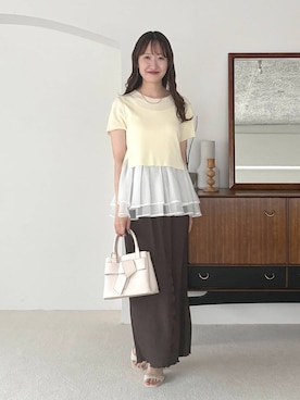 「mysty woman（ミスティウーマン）のカットジャカードナロースカート　1046948（スカート、ブラウン系）」を使った、ひ　な　たさん（レディース・160cm）の夏コーディネート