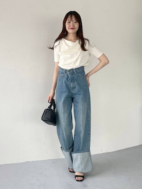 「mysty woman（ミスティウーマン）のドレープカットソー半袖　1049038（Tシャツ/カットソー、ホワイト系）」を使った、ひ　な　たさん（レディース・160cm）の夏コーディネート
