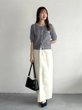 「mysty woman（ミスティウーマン）の［追加1］サマーツイードライクカーディガンSS　497233（カーディガン/ボレロ、ブルー系）」を使った、ひ　な　たさん（レディース・160cm）の春コーディネート