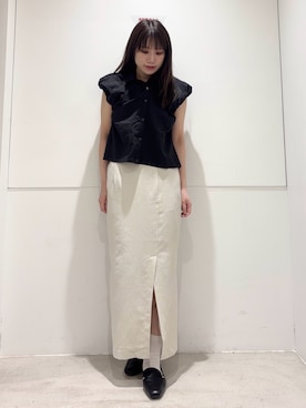 「SENSE OF PLACE by URBAN RESEARCH(センスオブプレイスバイアーバンリサーチ)のシアーサッカーバルーンスリーブシャツ(シャツ/ブラウス、ブラック系)」を使った、はつねさん(レディース・159cm)の春コーディネート