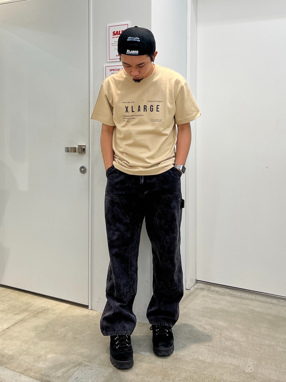 「XLARGE」｜「XLARGEのWORKER PATCH CAP（キャップ、ブラック系）」を使った、横南 丈さん（メンズ・175cm）の夏コーディネートの1枚目の写真