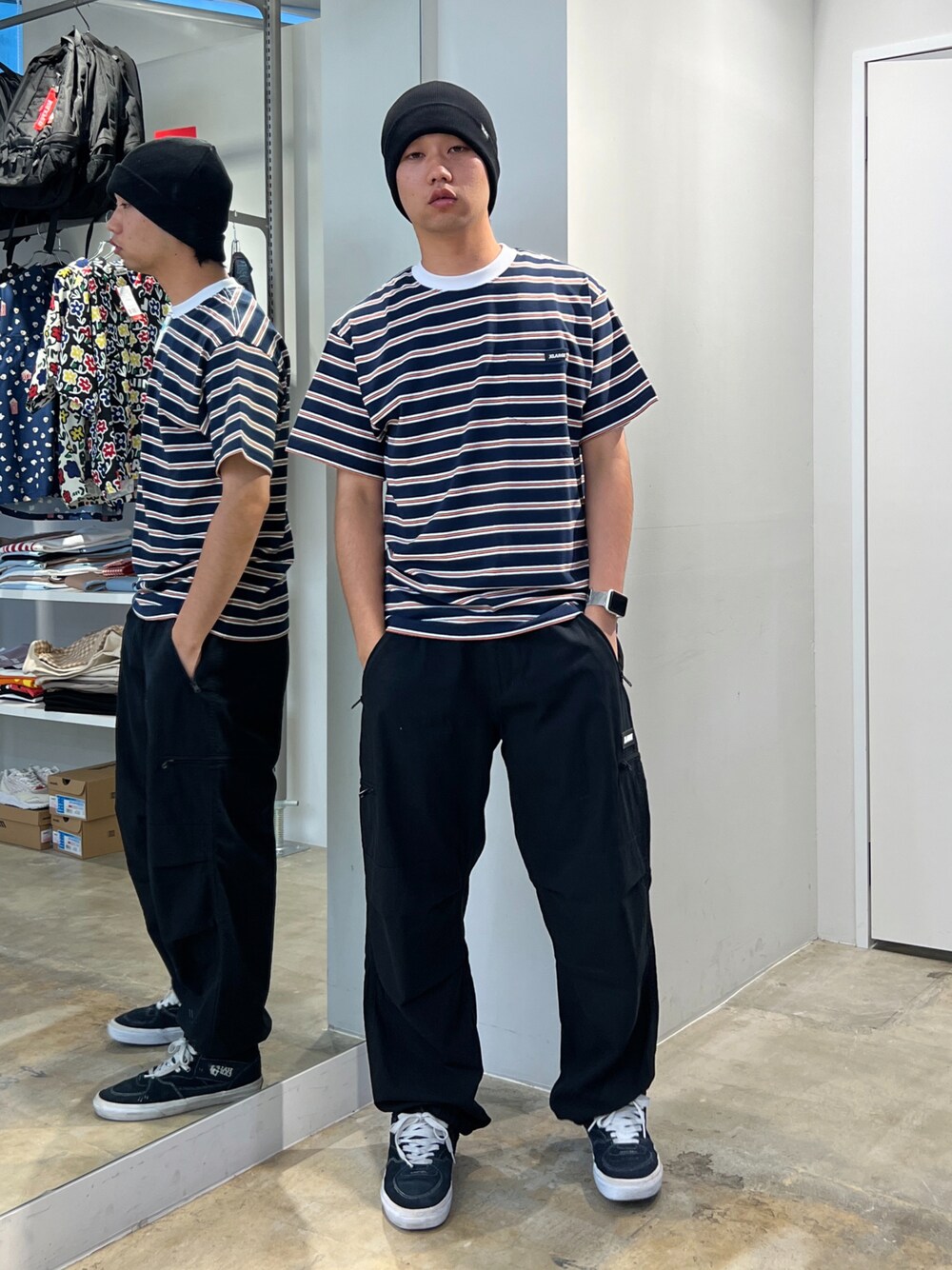 「XLARGE」｜「X-girlのBOX LOGO 3WAY KNIT CAP（ニットキャップ/ビーニー、ブラック系）」を使った、横南 丈さん（メンズ・175cm）の夏コーディネートの1枚目の写真