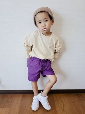 「apres les cours（アプレレクール）のアイテム（ニットキャップ/ビーニー）」を使った、むすこさん（キッズ・100cm）の夏コーディネート