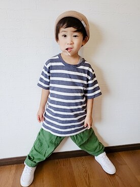 「apres les cours（アプレレクール）のアイテム（ニットキャップ/ビーニー）」を使った、むすこさん（キッズ・100cm）の夏コーディネート