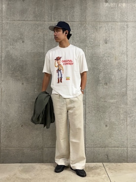 「SCREEN STARS（スクリーンスターズ）の【SCREEN STARS/スクリーンスターズ】TOY STORY トイストーリー Ｔシャツ（Tシャツ/カットソー、ホワイト系）」を使った、ハヤシさん（メンズ・183cm）の夏コーディネート