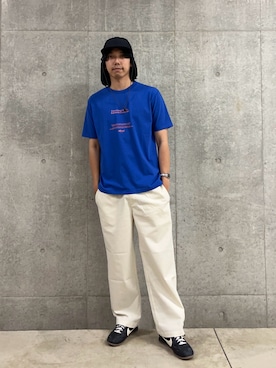 「NANGA（ナンガ）の【NANGA×GLOSTER】別注③ Frontprint Tee（Tシャツ/カットソー、ブルー系）」を使った、ハヤシさん（メンズ・183cm）の夏コーディネート