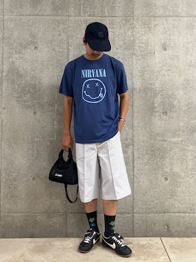 「GOOD ROCK SPEED（グッドロックスピード）の【GOOD ROCK SPEED】NIRVANA / ニルヴァーナ グラフィックTシャツ（Tシャツ/カットソー、ブルー系）」を使った、ハヤシさん（メンズ・183cm）の夏コーディネート