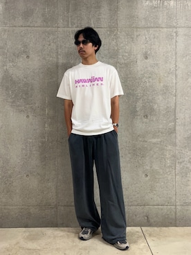 「GOOD ROCK SPEED（グッドロックスピード）の【GOOD ROCK SPEED】HAWAIIAN AIRLINE ロゴTシャツ（Tシャツ/カットソー、ホワイト系）」を使った、ハヤシさん（メンズ・183cm）の夏コーディネート