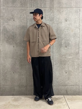 「GLOSTER（グロスター）の【COOLMAX/セットアップ着用可能】ポリトロS/Sシャツ（シャツ/ブラウス、ベージュ系）」を使った、ハヤシさん（メンズ・183cm）の夏コーディネート