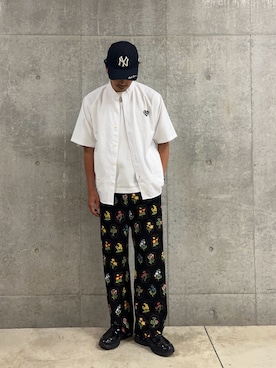 「FREDY MAC（フレディーマック）の【FREDYMAC/フレディマック】フロッキープリントバンドカラーS/Sシャツ（シャツ/ブラウス、ホワイト系）」を使った、ハヤシさん（メンズ・183cm）の夏コーディネート