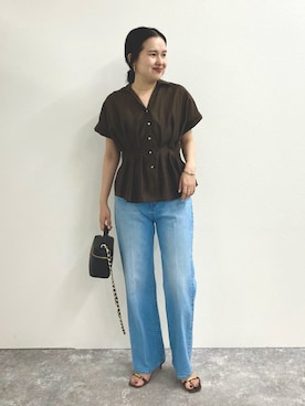「NOLLEY’S Sophi（ノーリーズソフィ）のウォッシャブルウエストタックスキッパー（シャツ/ブラウス、ブラウン系）」を使った、nol takamiyaさん（レディース・161cm）の夏コーディネート