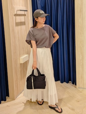 「fredy emue（フレディエミュ）のメッシュフレンチプルオーバーカットソー（Tシャツ/カットソー、グレー系）」を使った、もっちゃんさん（レディース・160cm）の夏コーディネート
