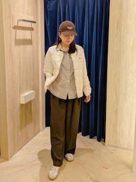 「TAION（タイオン）の《別注》【TAION/タイオン】CREW NECK BUTTON DOWN JKT ダウンジャケット（ダウンジャケット/コート、ホワイト系）」を使った、もっちゃんさん（レディース・160cm）の秋コーディネート
