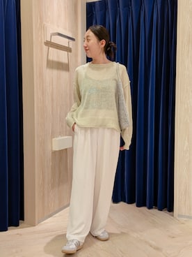 「fredy emue（フレディエミュ）のLINEN100ニットプルオーバー（ニット/セーター、グリーン系）」を使った、もっちゃんさん（レディース・160cm）の春コーディネート