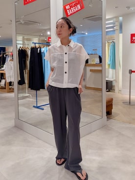 「fredy emue（フレディエミュ）のシアーフォルムシャツジャケット（シャツ/ブラウス、ホワイト系）」を使った、もっちゃんさん（レディース・160cm）の夏コーディネート