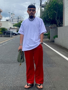 「アイテム（ハンドバッグ、グリーン系）」を使った、えんどうさん（メンズ・165cm）の夏コーディネート