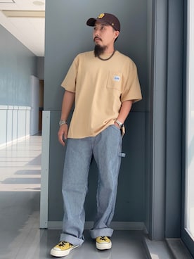 「アイテム（スニーカー、イエロー系）」を使った、えんどうさん（メンズ・165cm）の夏コーディネート