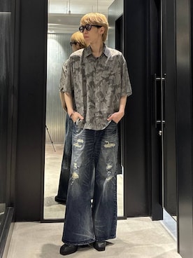 「HARE（ハレ）のハイソールレースアップミュール(HARE)（サンダル、ブラック系）」を使った、てんまさん（メンズ・178cm）の春コーディネート