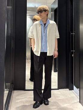 「HARE（ハレ）のリラックススリムパンツ(HARE)（スラックス、ブラック系）」を使った、てんまさん（メンズ・178cm）の春コーディネート