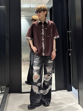 「HARE（ハレ）のアートジャガードクレリックシャツ(HARE)（シャツ/ブラウス、レッド系）」を使った、てんまさん（メンズ・178cm）の夏コーディネート