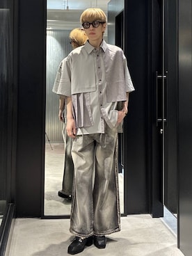 「HARE（ハレ）のジャガードプリーツフラシシャツ(HARE)（シャツ/ブラウス、グレー系）」を使った、てんまさん（メンズ・178cm）の春コーディネート