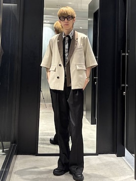 「HARE（ハレ）のアートジャガードクレリックシャツ(HARE)（シャツ/ブラウス、ブラック系）」を使った、てんまさん（メンズ・178cm）の夏コーディネート