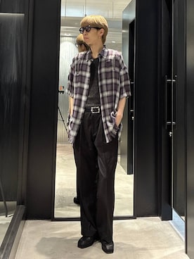 「HARE（ハレ）のリラックススリムパンツ(HARE)（スラックス、ブラック系）」を使った、てんまさん（メンズ・178cm）の春コーディネート