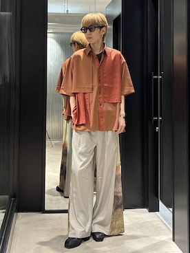 「HARE（ハレ）のジャガードプリーツフラシシャツ(HARE)（シャツ/ブラウス、オレンジ系）」を使った、てんまさん（メンズ・178cm）の春コーディネート