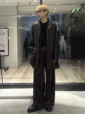 「HARE（ハレ）のステッチジャーマンシューズ(HARE)（ローファー、ブラック系）」を使った、てんまさん（メンズ・178cm）の秋コーディネート