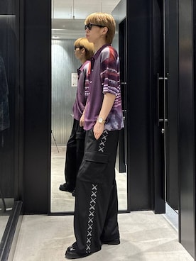 「HARE（ハレ）の【新世紀エヴァンゲリオン×HARE】カーゴラインパンツ(HARE)（カーゴパンツ、ブラック系）」を使った、てんまさん（メンズ・178cm）の夏コーディネート