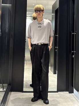 「HARE（ハレ）のリラックススリムパンツ(HARE)（スラックス、ブラック系）」を使った、てんまさん（メンズ・178cm）の夏コーディネート