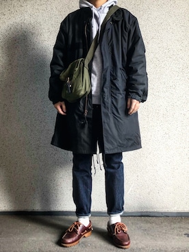 「アイテム（モカシン/デッキシューズ、ブラウン系）」を使った、栗之助さん（メンズ・173cm）の冬コーディネート