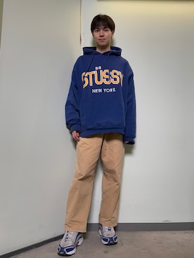 「古着のアイテム（パーカー、ブルー系）」を使った、とーゆさん（メンズ・170cm）の秋コーディネート