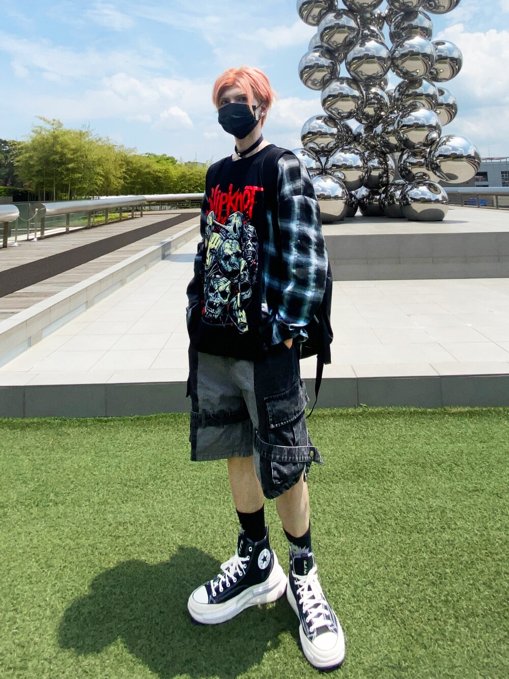 「夏コーデ、バンドT、slipknot、スリップノット、ソウル、ロックT」｜「VINTAGEのアイテム（Tシャツ/カットソー、ブラック系）」を使った、shoutatthedevilさん（メンズ・173cm）の夏コーディネートの1枚目の写真