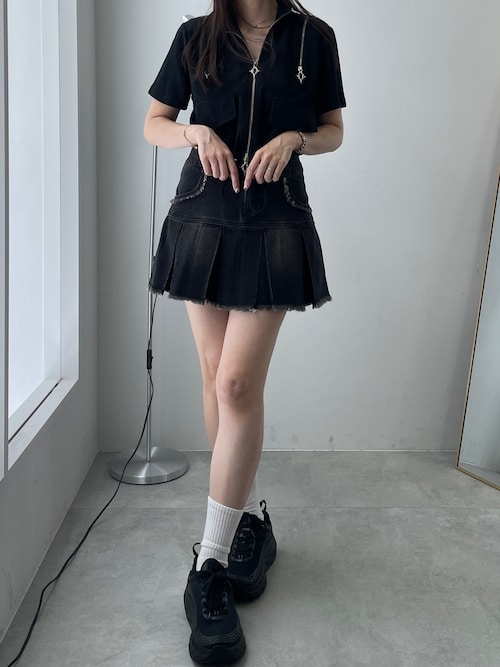 プリーツヘムフリンジデニムミニスカート