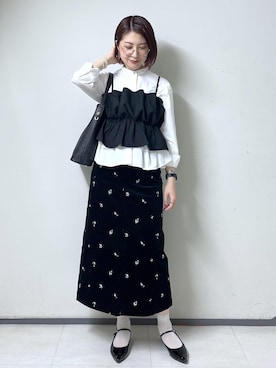「ROPE' PICNIC（ロペピクニック）のローヒールメリージェーンパンプス（パンプス、ブラック系）」を使った、toshicoさん（レディース・165cm）の秋コーディネート