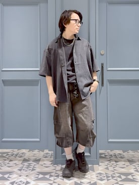 「RAGEBLUE（レイジブルー）の3D CURVE LONG HALF DENIM PANTS/3Dカーブロングハーフデニムパンツ（デニムパンツ、ブラック系）」を使った、はいねさん（メンズ・165cm）の夏コーディネート