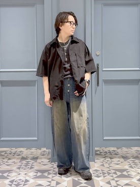 「RAGEBLUE（レイジブルー）のCUT OFF DESIGN SHORT SHIRTS/裾ダメージ加工ショート丈シャツ（シャツ/ブラウス、ブラック系）」を使った、はいねさん（メンズ・165cm）の夏コーディネート