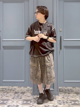 「RAGEBLUE（レイジブルー）のCAMOUFLAGE SWEAT CARGO HALF PANTS/カモフラカーゴスウェットハーフパンツ（スウェットパンツ、ブラウン系）」を使った、はいねさん（メンズ・165cm）の夏コーディネート